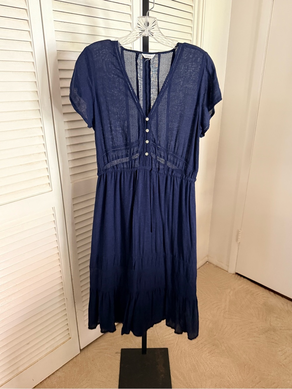 Rails Navy V-Neck Button Midi Dress with Cap Sleeves